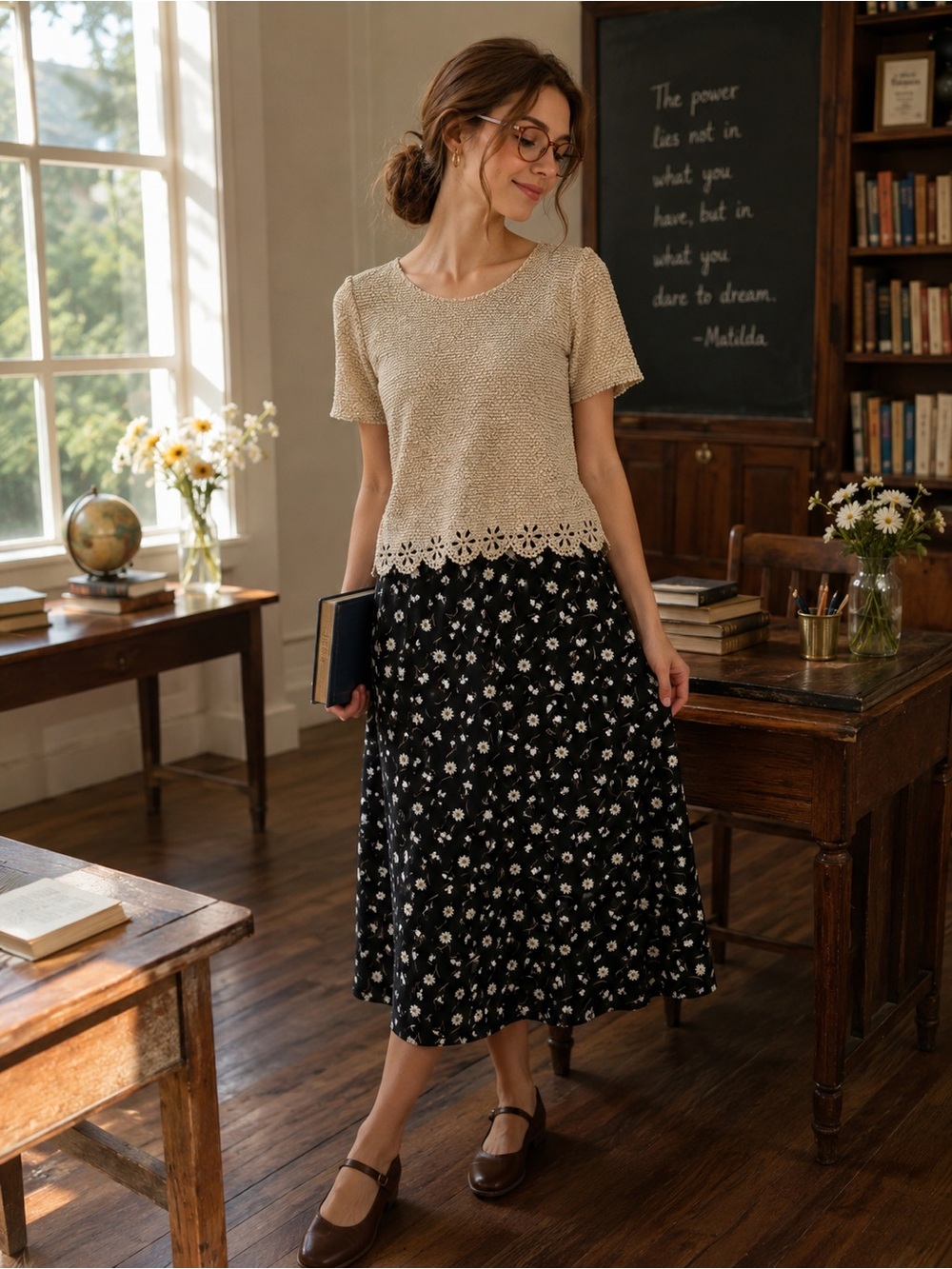 Floral Black & Cream Short Sleeve Midi Dress Set